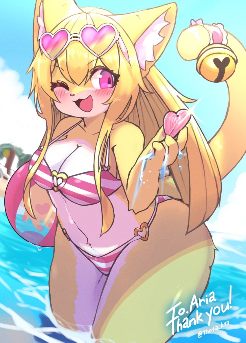 anthro beach beach_ball beach_chair bell bell_on_tail big_breasts bikini breasts cat_bell cat_ears cat_tail catgirl female heart_ring_bottom heart_ring_top holding_ball holding_beachball holding_seashell long_hair navel ocean palm_tree pink_eyes seashell swimsuit tagme theta_k23 water winking yellow_fur