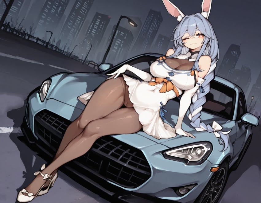 1girl 1girls :3 absurd_res absurdres ai_generated alternate_costume arm_support blue_hair bodysuit braid braided_hair car curvy curvy_body curvy_female curvy_figure eyebrows eyelashes female female_focus female_only full_body gloves hair_between_eyes high_heels high_resolution highres hololive hololive_japan mature mature_female milf multicolored_hair night no_panties off_shoulder on_car orange_eyes outside pantyhose pekomama photoshop presenting presenting_hindquarters pussy pussy_peek revealing road seductive seductive_look see-through see-through_clothing see-through_pantyhose see_through sitting sitting_on_object skirt skirt_lift skirt_up solo solo_female solo_focus thick thick_ass thick_eyebrows thick_thighs vagina vehicle vehicle_focus white_gloves white_hair winizzza wink winking winking_at_viewer