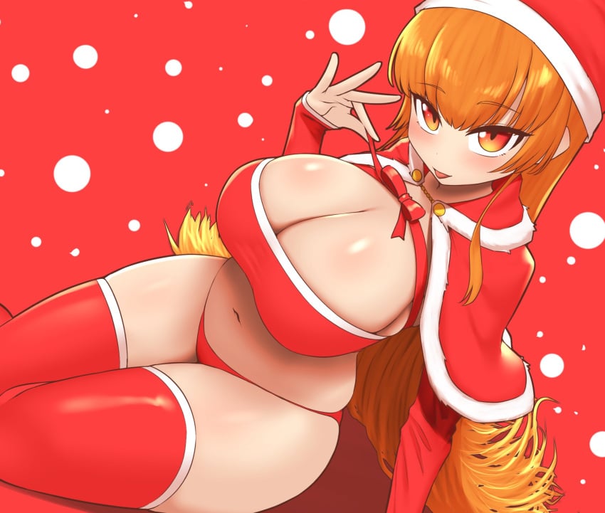 christmas christmas_outfit huge_breasts humanized kaori_(splatoon) long_hair nobunagapero orange_hair splatoon