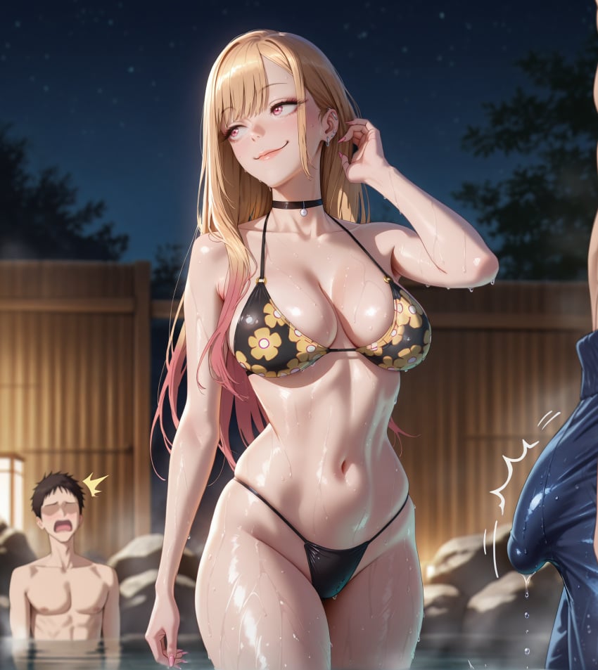 1boy 1girls 2men adjusting_hair ai_generated bikini bitchy blonde_hair breasts bulge bulge_through_clothing cheating cheating_girlfriend choker female floral_print gojou_wakana human imminent_sex japanese_female kitagawa_marin light-skinned_female light_skin looking_away makeup multicolored_hair netorare ntr onsen penis penis_outline piercing pink_eyes shocked smile smiling sono_bisque_doll_wa_koi_wo_suru stable_diffusion steamy sweatdrop sweating sweaty vooluxx wet