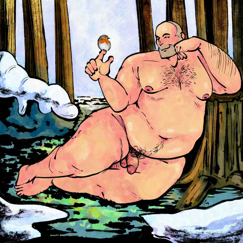 bald barefoot big_belly big_thighs dilf fat_man gremlinshoard happy_trail heavy_(team_fortress_2) heavy_weapons_guy outdoor_nudity pinup pubes snow soft_penis solo_male team_fortress_2 tf2