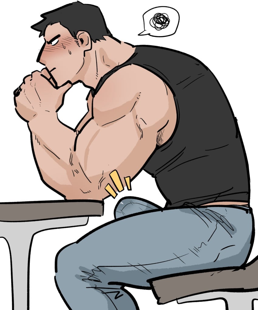 bara biceps big_bulge blush bulge clothing erection_under_clothes jongari222 male male_only manly muscular_male tight_clothing