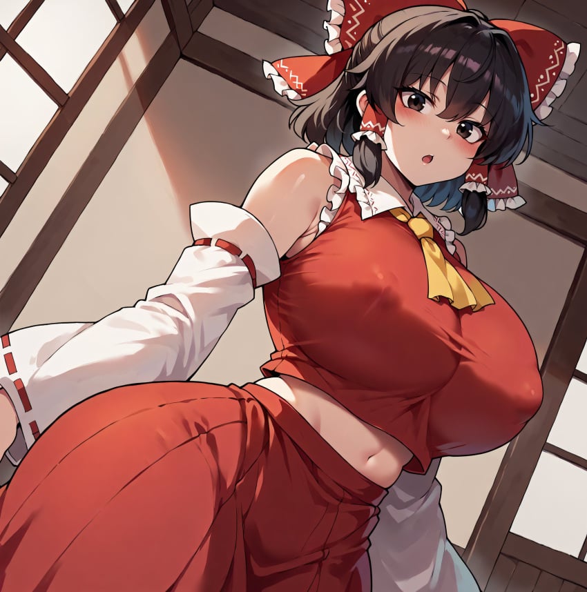 ai_generated asian asian_female bare_thighs black_eyes black_hair blush gigantic_breasts hair_ribbon huge_breasts huge_thighs japanese_clothes light-skinned_female light_skin looking_down low-angle_view massive_breasts medium_hair reimu_hakurei smogai solo_female squatting sweat sweatdrop thick_body thick_female thick_thighs thighs touhou voluptuous voluptuous_female