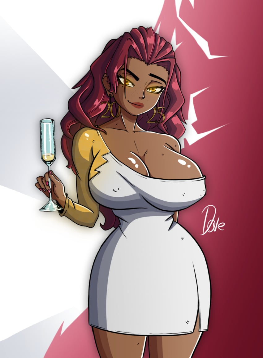 champagne dark_skin dovewithshortz dress dressed heroine holding_object looking_at_viewer marvel marvel_comics marvel_rivals messy_hair new_year red_hair red_nails scarlet_witch scarlet_witch_(marvel_rivals) short_dress standing superheroine yellow_eyes