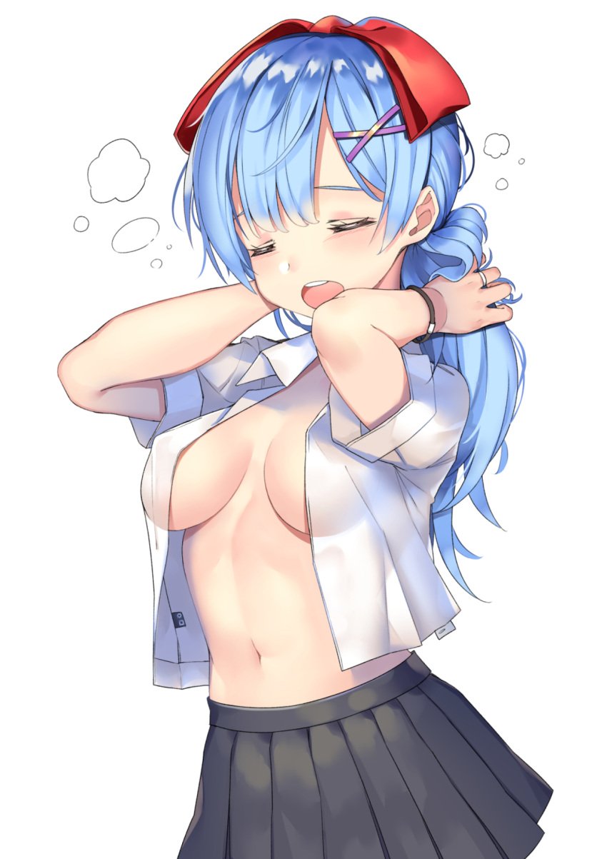 alternate_hair_length alternate_hairstyle arms_up bare_arms bare_belly belly_button blue_hair blush bracelet breasts cleavage closed_eyes hair_ribbon long_hair medium_breasts no_bra open_mouth open_shirt re:zero_kara_hajimeru_isekai_seikatsu rem_(re:zero) ring see-through_clothing short_sleeves skirt slamcat tying_hair upper_body white_shirt