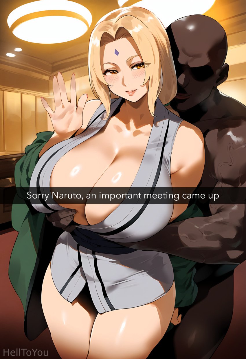 ai_generated big_breasts clothed color dark-skinned_male dark_skin english_text light-skinned_female naked naked_male naruto_shippuden text thick_thighs tsunade unknown_artist yellow_hair