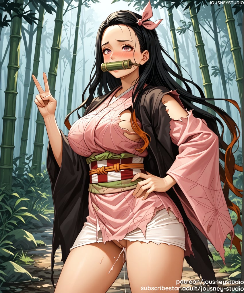 after_sex aged_up ai_generated asa_no_ha_(pattern) bamboo bangs bit_gag black_hair blush breasts brown_hair clothing day demon_slayer female female female_only fingernails forehead forest gag gagged gradient_hair grass hair_ornament hair_ribbon hand_on_hip haori jousneystudio kamado_nezuko kimetsu_no_yaiba kimono large_breasts long_hair long_sleeves looking_at_viewer mouth_hold multicolored_hair nature nezuko_kamado nipples obi outdoors pink_eyes pink_kimono pink_ribbon ribbon robe saliva sash sharp_fingernails smile solo standing sweat thighs torn_clothes traditional_clothes tree two-tone_hair v vagina very_long_hair wafuku wide_sleeves