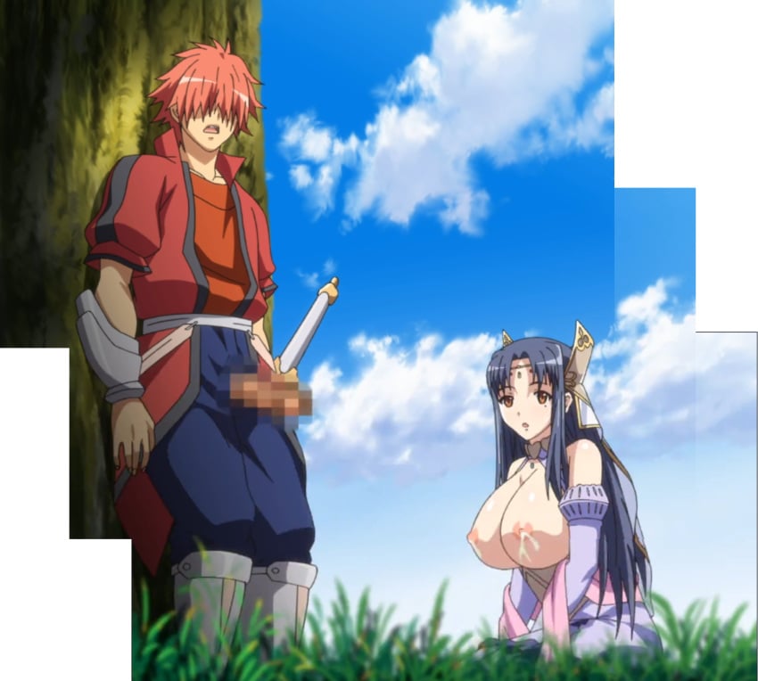 1boy 1boy1girl 1girls blue_hair blue_hair_female breasts breasts_out censored censored_penis clothed_female clothed_male dark_blue_hair gigantic_breasts grass huge_breasts hyper_breasts knight kyonyuu_fantasy lactation long_blue_hair long_hair long_hair_female majin_(company) majin_label male/female married_woman massive_breasts mature_female milk nipples penis red_hair red_hair_male rokusaanu_do_dejiiru ryuuto_henge short_hair short_hair_male short_red_hair stitched sword tree