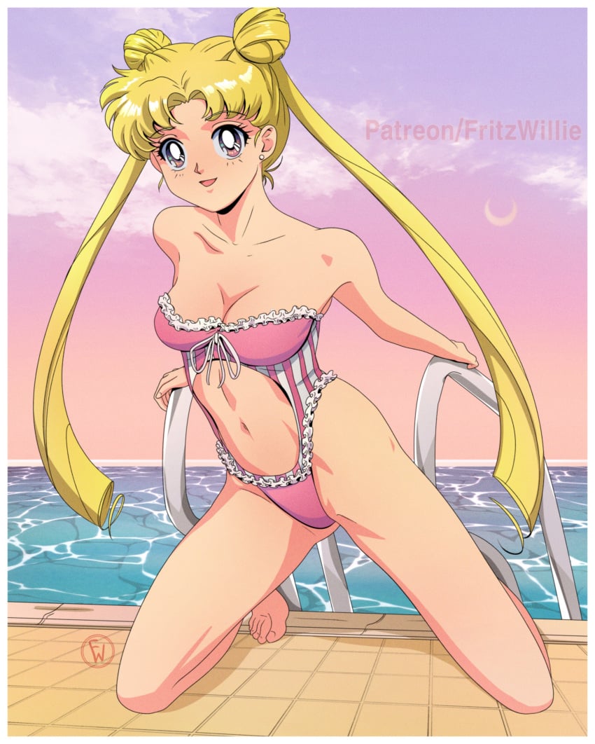 1girls absurdres alluring alternate_eye_color bishoujo_senshi_sailor_moon blonde_hair clothing_cutout earrings frilled_one-piece_bikini frills fritz_willie hair_bun highres jewelry long_hair looking_at_viewer midriff navel one-piece_bikini pink_eyes pool smile stomach_cutout stud_earrings swimming_pool swimsuit toei_animation tsukino_usagi twintails usagi_tsukino