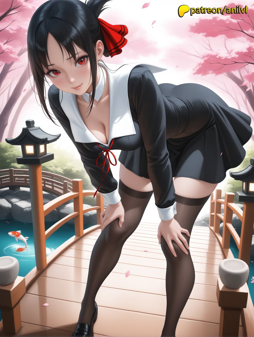 1girls 2024 ai ai_assisted ai_generated alcohol anilvl anime anime_girl anime_style artist_name average_breasts bangs bent_over black_dress black_hair black_legwear blush branch breast breasts breasts breasts bridge bust cherry_blossoms chest cleavage collarbone cup day dress falling_petals female hair_ribbon hi_res high_quality high_resolution highres kaguya-sama_wa_kokurasetai_~tensai-tachi_no_renai_zunousen~ leaning_forward long_sleeves looking_at_viewer medium_boobs medium_breasts normal_boobs normal_breasts outdoors park_bench parted_bangs patreon patreon_username petals petals_on_liquid red_eyes red_ribbon ribbon saucer school_uniform shinomiya_kaguya shoes short_hair smile solo spring_(season) stable_diffusion standing table tea thighhighs tree watermark