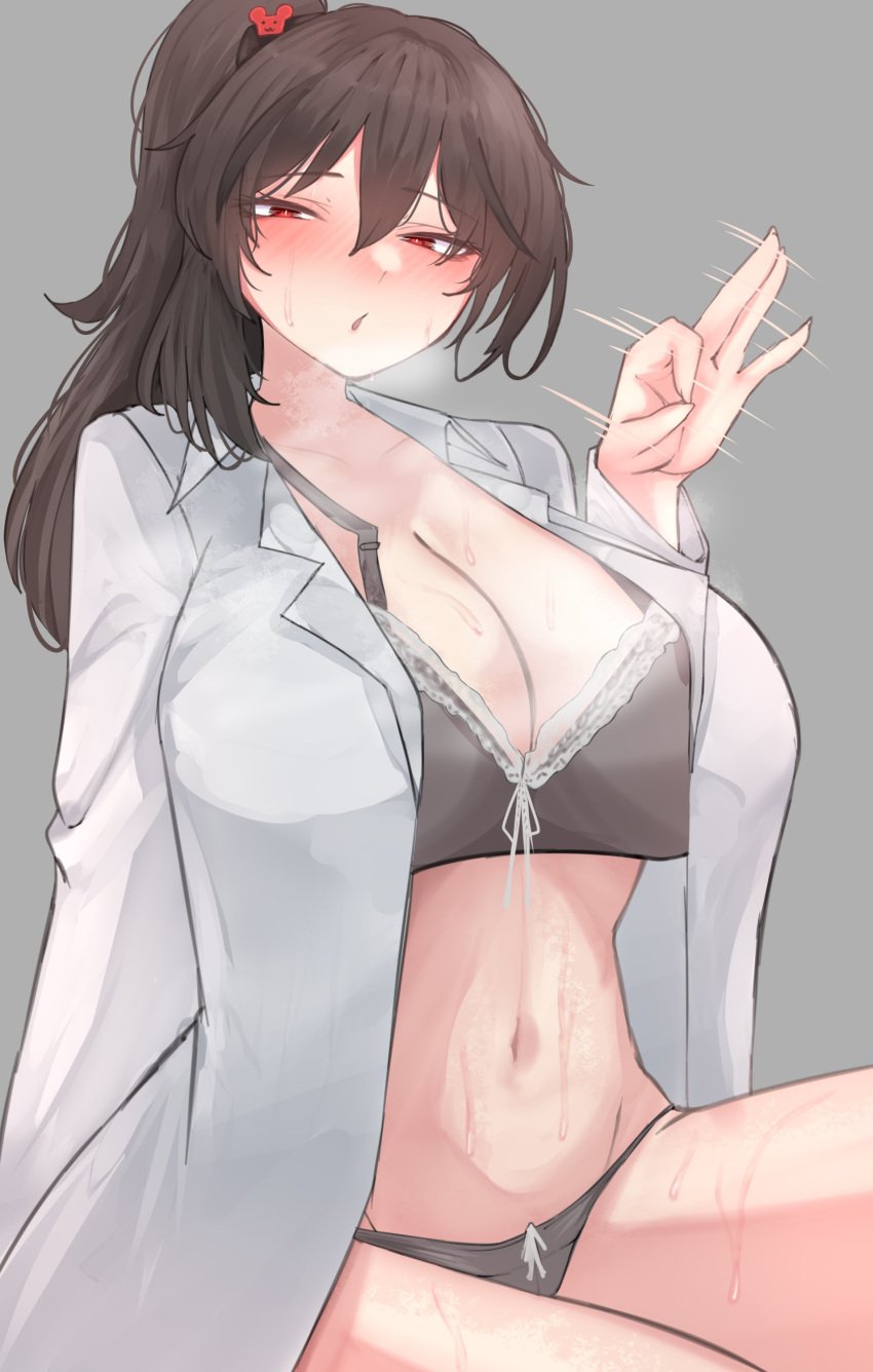 0ha 1girls big_breasts blush bra brown_hair carmen_(lobotomy_corporation) coat gesture hair_ornament lobotomy_corporation long_hair looking_at_viewer open_mouth panties partially_clothed ponytail presenting project_moon red_eyes sitting solo sweat thick_thighs