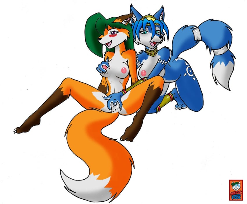 anthro articfox ass blue blue_hair bracers breast_fondling breasts brown_eyes canine claws collar cute_fang female fingering fondling fox from_behind fur furry green_hair hair headband kneeling krystal long_hair looking_at_viewer masturbation mutual_masturbation orange pussy short_hair sitting star_fox tail video_games yuri