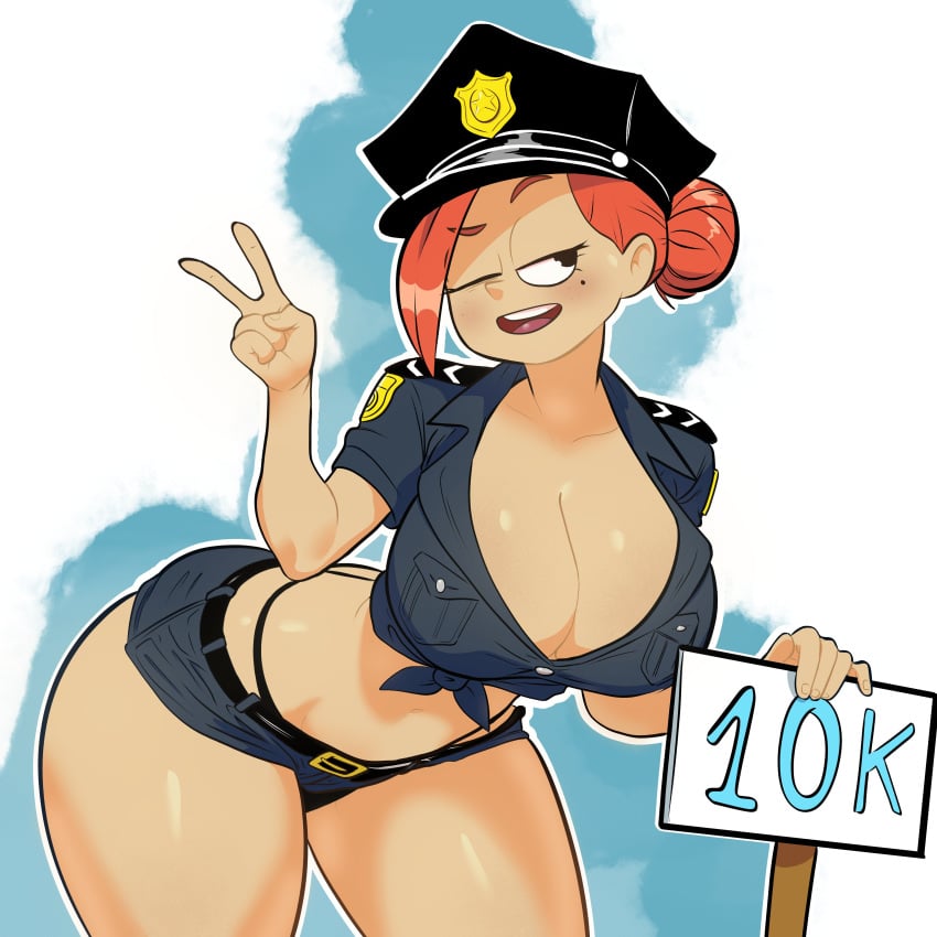 1girls cleavage looking_back police_uniform policewoman red_hair renniearts00 short_shorts smile tagme thong