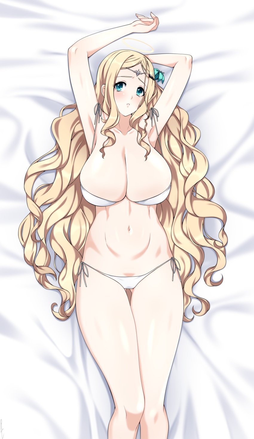 1girls abs absurd_res angel angel_girl armpits arms_up ass_visible_through_thighs bed bikini blonde_hair blue_eyes blush breasts female female_focus female_only fit_female gabriel_(high_school_dxd) halo hi_res high_school_dxd huge_breasts large_breasts light-skinned_female lindaroze long_hair looking_at_viewer on_back on_bed png side-tie_bikini solo solo_female solo_focus thick_thighs thigh_gap thighs wavy_hair white_bikini