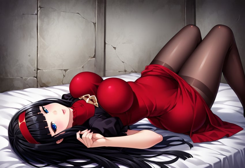 black_hair blue_eyes dress hair_between_eyes large_breasts looking_at_viewer lying lying_on_bed n2 nier nier:_automata pale-skinned_female pale_skin pantyhose red_dress thighs