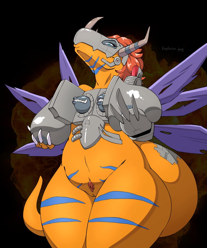 absurd_res anthro arttukorppu bandai_namco big_breasts breasts cybernetics cyborg digimon digimon_(species) dinosaur explosion female genitals hair hi_res holding_breast horn machine metalgreymon metallic_body nude orange_body prehistoric_species pubes pussy red_hair reptile scalie seductive smile solo stripes thick_thighs wide_hips wings