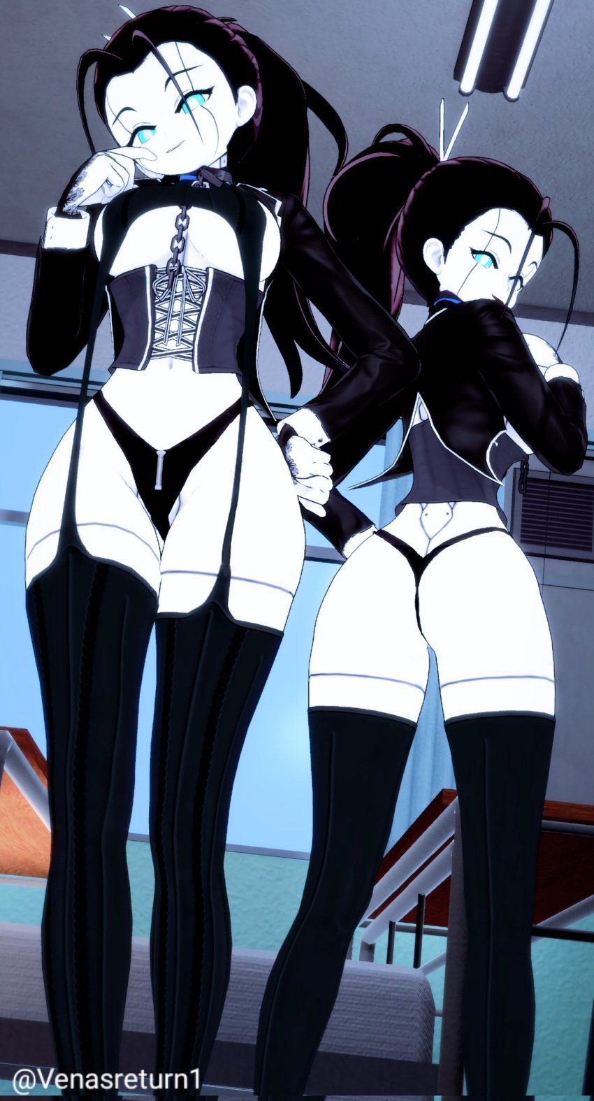 android beepo_(chunkymoon) black_hair blue_body blue_eyes machine maid ponytail robot robot_girl