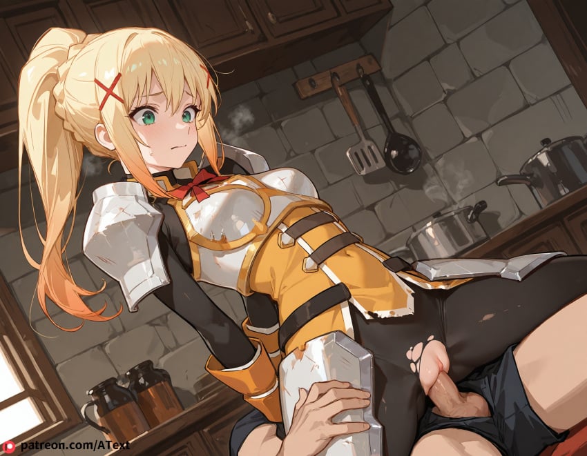 1boy ai_generated armor armored_dress blonde_hair blush bodysuit braid breasts darkness_(konosuba) dirty erection female giggling gloves green_eyes hair_ornament kitchen kono_subarashii_sekai_ni_shukufuku_wo! long_hair penis ponytail pussy reverse_cowgirl_position shoulder_armor small_breasts spread_legs sweat testicles uncensored vaginal_penetration x_hair_ornament