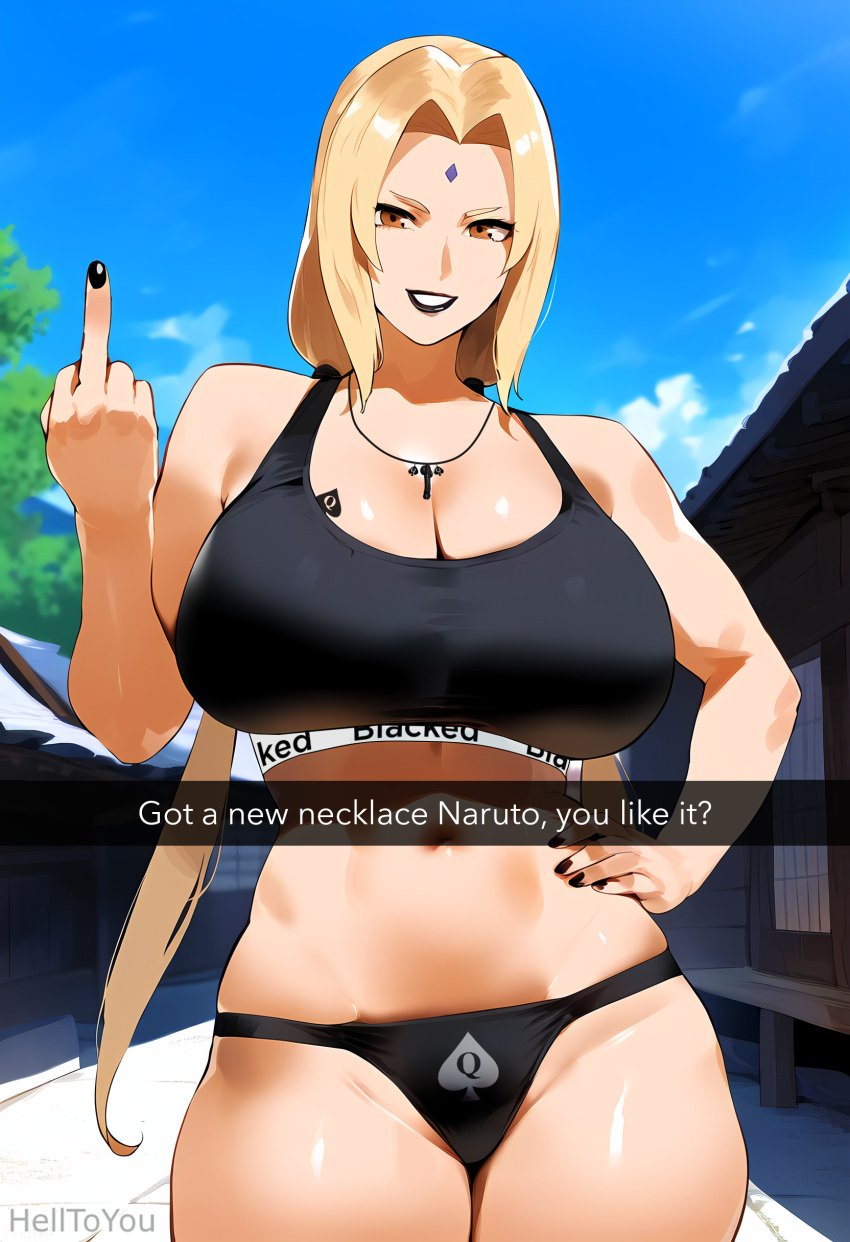 1girls ai_generated big_breasts blacked blacked_clothing blacked_tattoo clothed color english_text female light-skinned_female naruto naruto_(series) naruto_shippuden necklace tattoo tattoo_on_breast text thick_thighs tsunade unknown_artist yellow_hair