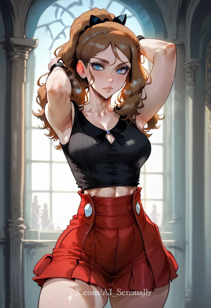 1girls 2d ai_generated ai_sensuality black_shirt blue_eyes light-skinned_female medium_breasts pokemon pokemon_(anime) pokemon_xy red_skirt serena_(pokemon) skirt solo_female wide_hips