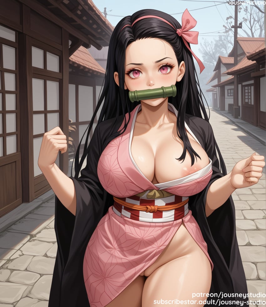 ai_generated areola_slip areolae asa_no_ha_(pattern) bamboo bangs bit_gag black_hair blush bow breasts clavicle cleavage clothing day demon_slayer east_asian_architecture female female female_only forehead gag gagged hair_ornament hair_ribbon hairband jousneystudio kamado_nezuko kimetsu_no_yaiba kimono large_breasts long_hair long_sleeves looking_at_viewer mouth_hold multicolored_hair nezuko_kamado nipple_slip nipples no_bra obi outdoors pink_eyes pink_kimono pink_ribbon print_kimono ribbon robe sash sky smile solo standing thighs traditional_clothes tree vagina wafuku wide_sleeves