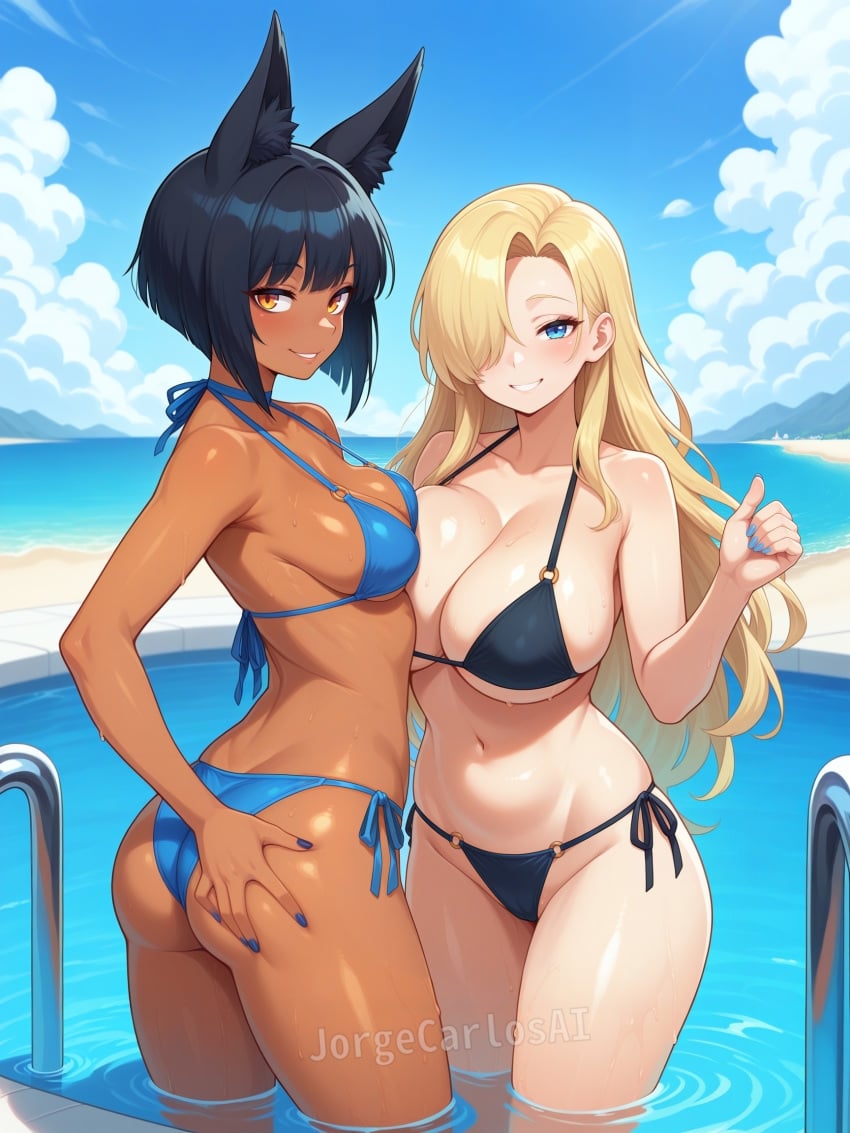 2girls ai_generated animal_ears ass_grab beach bikini black_bikini black_hair blonde_female blonde_hair blonde_hair blonde_hair_female blue_bikini blue_eyes blue_sky blush blush breasts breasts breasts cleavage females females_only fox_ears hair_covering_eye hair_over_one_eye huge_boobs huge_breasts huge_breasts island jorgecarlosai long_hair navel orange_eyes pale pale-skinned_female pale_body pale_skin pale_skinned_female paradise_island pool sexy short_hair small_boobs small_breasts small_tits smile tan tan_body tan_skin tanned tanned_female tanned_girl tanned_skin watermark