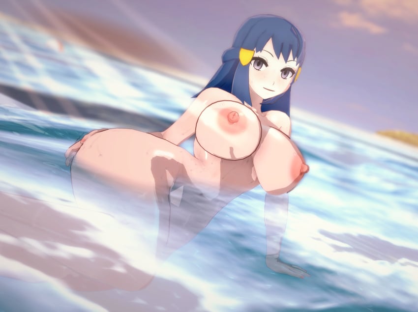 1girls beach breasts dawn_(pokemon) koikatsu nude nude_female pokemon river_rock solo