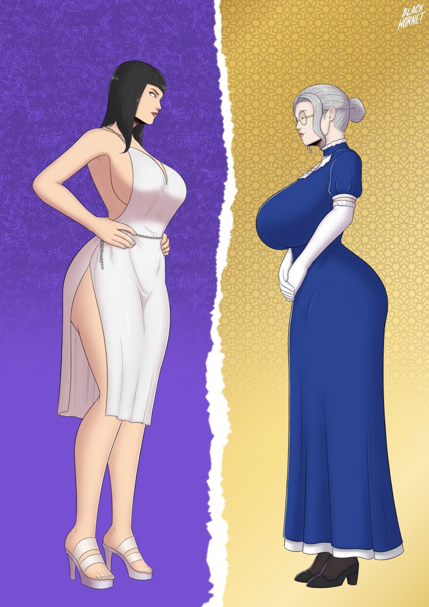 2girls absurd_res absurdres background big_ass big_breasts black_hair blackhornet blue_dress clothed clothing comic comic_page demon demon_girl digital_art digital_drawing_(artwork) digital_media_(artwork) digital_painting_(artwork) dress elegant_dress english_text glasses gray_hair grey_hair hair_bun heels hi_res highres light-skinned_female light_skin long_gloves looking_at_another milf original_character original_characters pale-skinned_female pale_skin revealing_clothes round_glasses sexy_dress succubus taller_girl toes vampire vampire_girl victorian victorian_dress