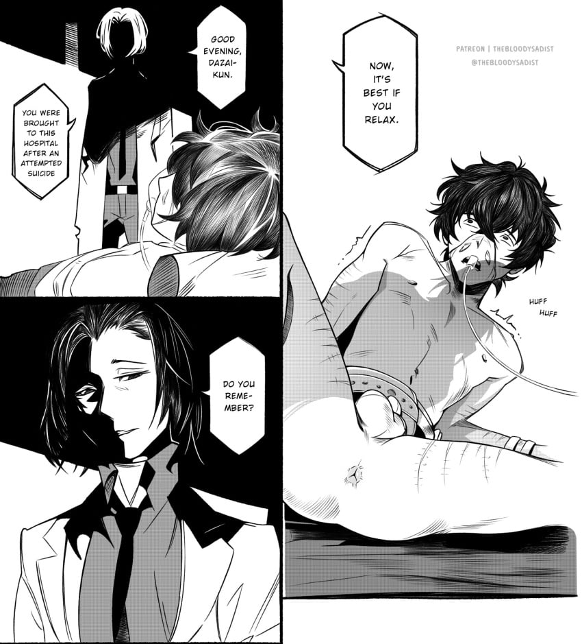 2boys anus bound bungo_stray_dogs coat comic constricted_pupils cuts dazai_osamu english_text greyscale hospital implied_yaoi injury male male/male male_only monochrome mori_ougai_(bungo_stray_dogs) multiple_boys necktie nipples nude nude_male oxygen_mask penis restrained scar scared shaded_face shirt short_hair speech_bubble testicles text thebloodysadist trembling uncensored