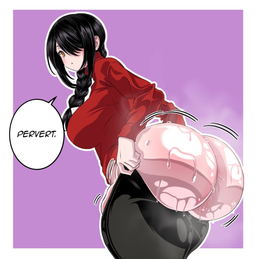 1girls ass ass_focus black_hair braid braided_ponytail chainsaw_man de_kurayami demon demon_girl female hair_over_one_eye long_hair looking_back nayuta_(chainsaw_man) pants_pull partially_clothed ponytail rear_view solo solo_female sweat sweaty_ass yellow_eyes