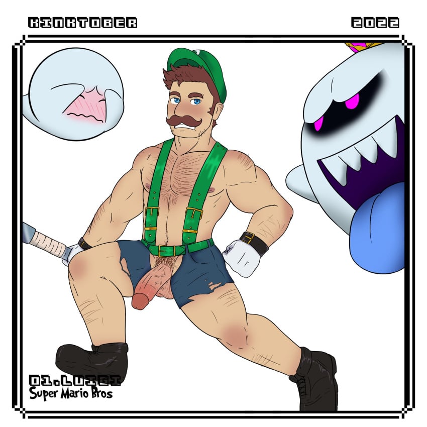 2boys arm_hair balls belt belt_straps blue_eyes blue_shorts blue_tongue blush brown_hair chest_hair closed_eyes erection facial_hair ghost green_belt green_hat green_strap hairy_male hat holding_object humanoid king king_boo leg_hair light-skinned_male light_skin long_tongue luigi luigi's_mansion male male_nipples male_only mario_(series) mature mature_male moustache nintendo nipples open_mouth pedr_us penis pubic_hair purple_eyes royalty sharp_teeth shoes shorts tongue tongue_out white_background white_gloves