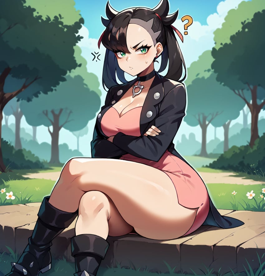 ai_generated angry_expression bare_thighs black_hair blush crossed_legs game_freak gigantic_breasts green_eyes huge_breasts huge_thighs jacket light-skinned_female light_skin looking_at_viewer marnie_(pokemon) massive_breasts nintendo pokemon pokemon_ss punk_girl short_dress smogai solo_female squatting sweat sweatdrop thick_body thick_female thick_thighs thighs thighs_bigger_than_head twintails voluptuous voluptuous_female