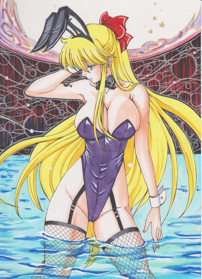 1990s_(style) 1girls absurdres adjusting_hair animal_ears bishoujo_senshi_sailor_moon blonde_hair detached_collar fake_animal_ears female female_only highres large_breasts leotard long_hair looking_away minako_aino playboy_bunny rabbit_ears rascal_(n119) retro_artstyle sailor_venus solo water wet wrist_cuffs