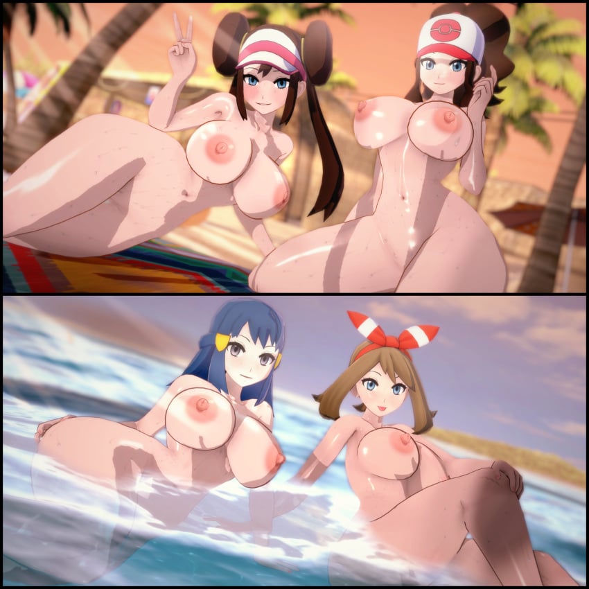 4girls beach blue_eyes blue_hair breasts brown_hair dark_blue_hair dawn_(pokemon) hilda_(pokemon) koikatsu may_(pokemon) may_(pokemon_oras) nude nude_female pokemon pokemon_bw pokemon_bw2 pokemon_dppt pokemon_oras river_rock rosa_(pokemon)