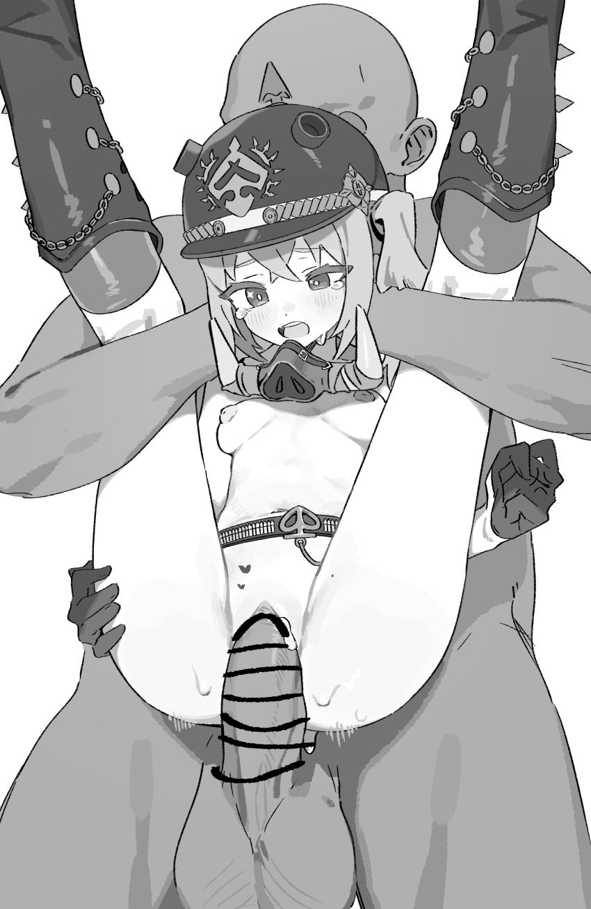 1boy absurdres anger_vein bald bar_censor belt blush boots breasts breasts_apart censored changmi clenched_hand combat_helmet crossed_bangs cum cum_in_pussy cum_overflow erection faceless faceless_male female full_nelson gloves greyscale half_gloves hand_on_own_thigh heart helmet highres interracial knee_boots kneehighs large_variant_set looking_down luciana_de_montefio mask mask_around_neck monochrome nipples nude open_mouth penis pickelhaube rape respirator reverse_suspended_congress sex sex_from_behind side_ponytail simple_background small_breasts socks spiked_boots spiked_footwear star_(symbol) star_in_eye straight sweat symbol_in_eye tears teeth testicles upper_teeth_only vaginal_penetration variant_set white_background zenless_zone_zero