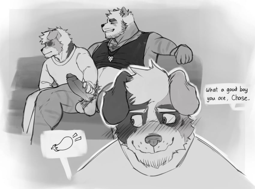 2023 age_difference anthro anthro_on_anthro balls bear beard belly blush bodily_fluids body_hair boomstick_0 bottomless canid canine canis chest_hair chest_tuft clothed clothing cum cumshot dialogue domestic_dog duo eggplant_emoji ejaculation encouragement english_text erection facial_hair felid genital_fluids genitals giant_panda goatee good_boy greyscale grin handjob hi_res hybrid jewelry looking_aside male male/male mammal manly masturbation mature_male monochrome moustache muscular necklace niko_(boomstick_0) older_male orgasm_face pantherine pecs penile penis pubes raised_clothing raised_shirt raised_tank_top raised_topwear sex shirt shirt_only sitting smile speech_bubble spread_legs spreading tank_top tank_top_only text tiger topwear topwear_only tuft younger_male