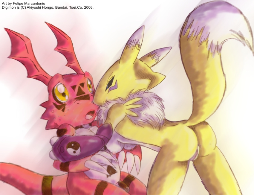 all_fours amber_eyes anthro ass bent_over blue_eyes blush breasts canine digimon female fox fur furry guilmon male panties penis pussy renamon straight tail underwear yellow yuski