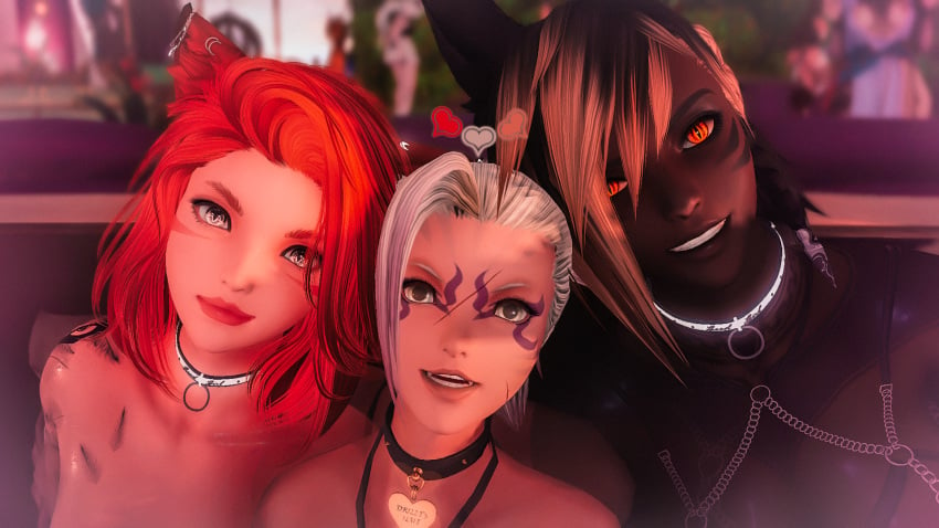 3d black_body black_hair bunny_ears bunny_girl bunny_tail cat_ears cat_humanoid catgirl catte collar dark-skinned_female dyed_hair female final_fantasy final_fantasy_xiv gpose(ffxiv) lipstick master master/pet miqo&#039;te oc original_character ponytail red_hair renata_alexander scar sfw slit_pupils square_enix swimsuit tail tattoos viera white_eyes white_hair wholesome