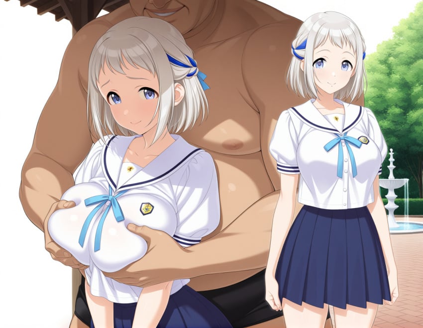 1boy 1girls ai_generated blue_eyes blue_hair blush breast_grab breast_squeeze clothed_female fat_man looking_at_viewer multicolored_hair old_man older_man_and_teenage_girl ribbon school_uniform schoolgirl short_hair skirt smile smiling_at_viewer ugly_bastard white_hair