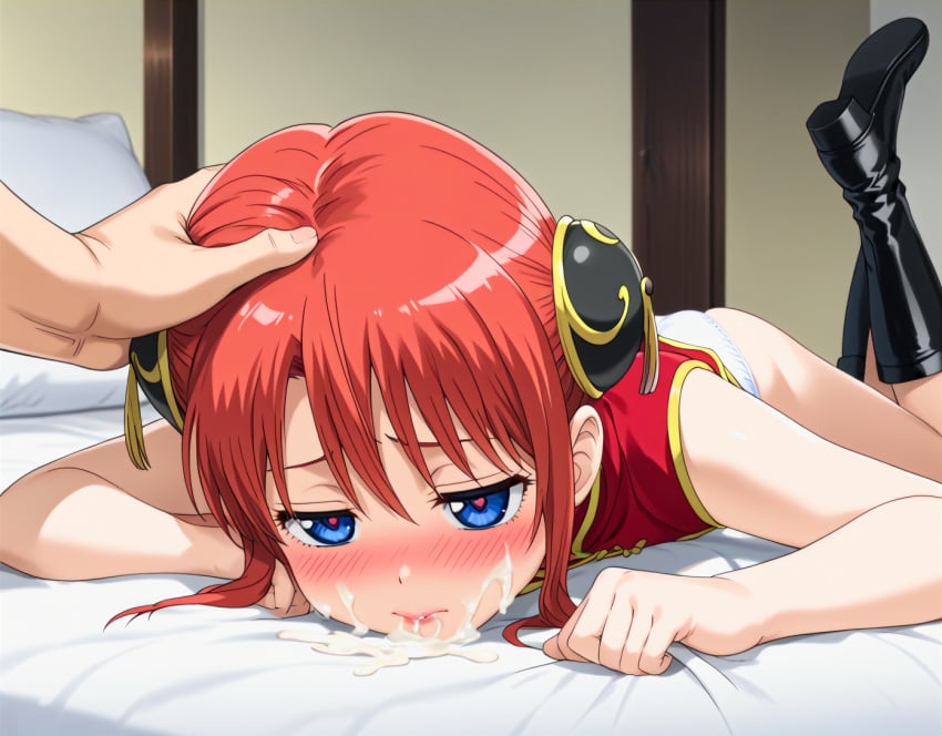 ai_generated chinese_clothes cum_in_mouth cum_on_face cunny gintama kagura_(gintama) petite_female red_hair teenage_girl