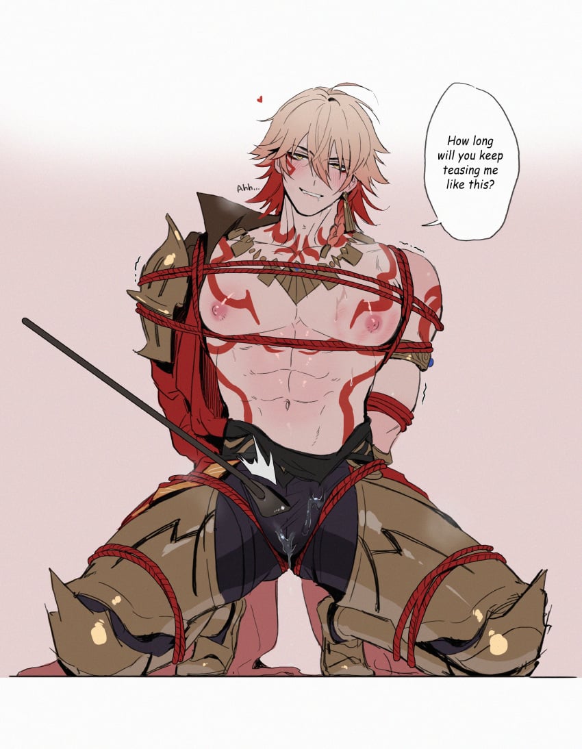 1boy abs blush bondage bondage bulge drooling erection_under_clothes gold_jewelry honkai:_star_rail jewelry large_pectorals masochism moaning muscles muscular_male mydei_(honkai:_star_rail) pauldrons precum teasing tied_up yoma_0_0