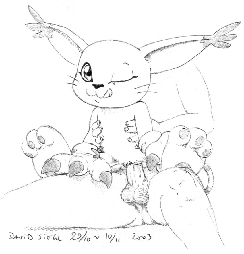 2003 balls david_siegl digimon female gatomon human interspecies licking_lips male monochrome one_closed_eyes penetration penis pussy sex size_difference spread_legs spreading straight tongue vaginal_penetration vaginal_penetration