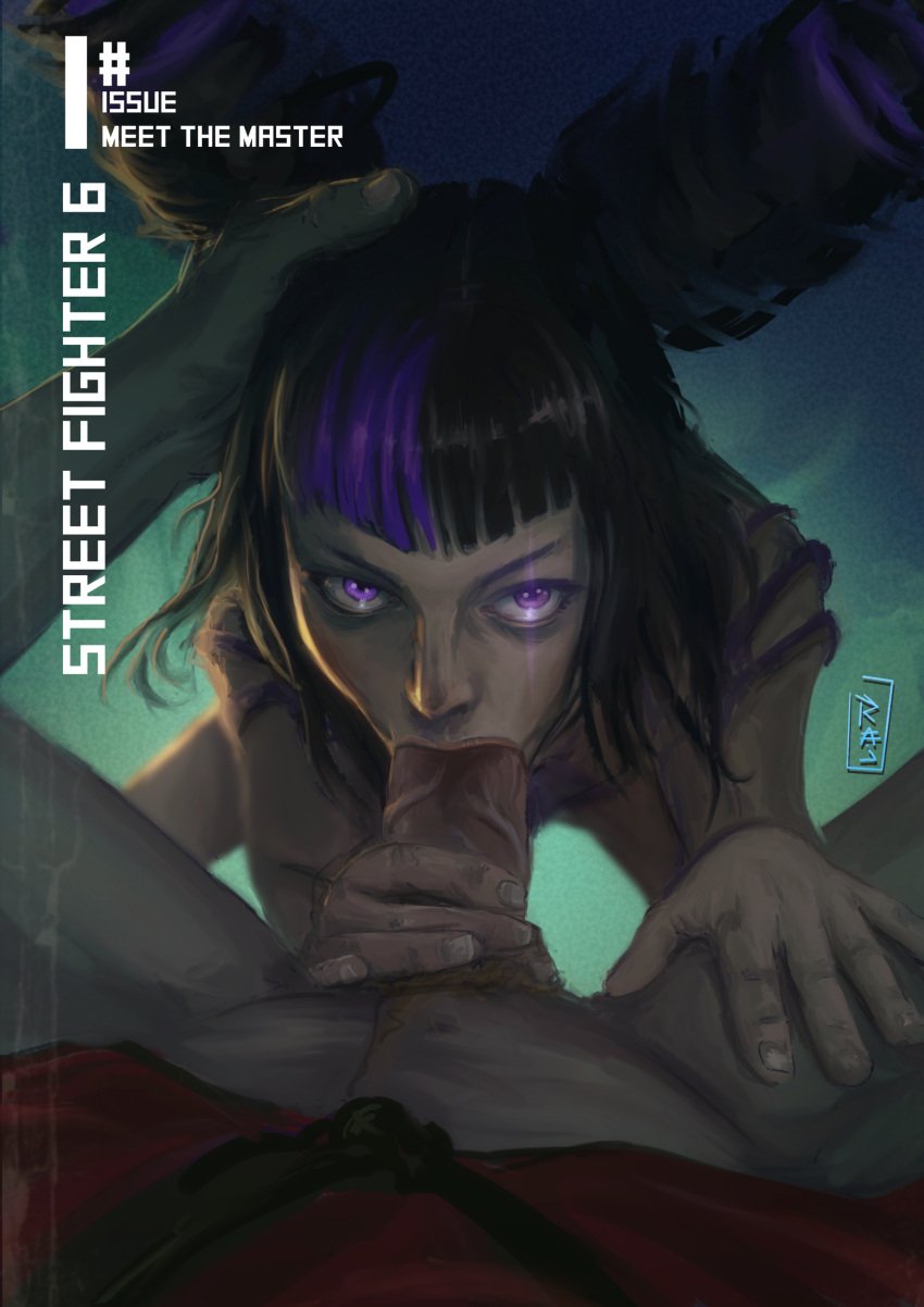 1boy 1girls black_hair comic eye_contact fellatio female female_focus hair_grab hair_pull juri_han ken_masters looking_up oral penis penis_in_mouth purple_eyes rajdraw street_fighter street_fighter_6 the_master veiny_penis