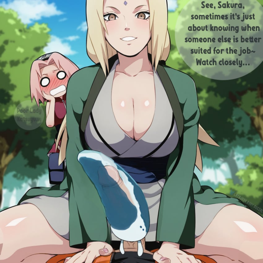 1boy 2girls ai_assisted ai_generated barefoot blonde_hair blue_sky blush breasts brown_eyes cleavage clothing cloud cowgirl_position day english_language english_text erection facial_mark feet female female_supporting_bestiality forehead_mark huge_breasts katsuyu katsuyu_(naruto) kimono large_breasts latbjorn_ai long_hair looking_at_viewer male male_on_feral mature mature_female milf multiple_girls naruto naruto_shippuden outdoors penis pink_hair robe sakura_haruno sash shiny_skin short_hair sitting sky slug smile text thighs toes traditional_clothes tree tsunade uzumaki_naruto watching zoophilia