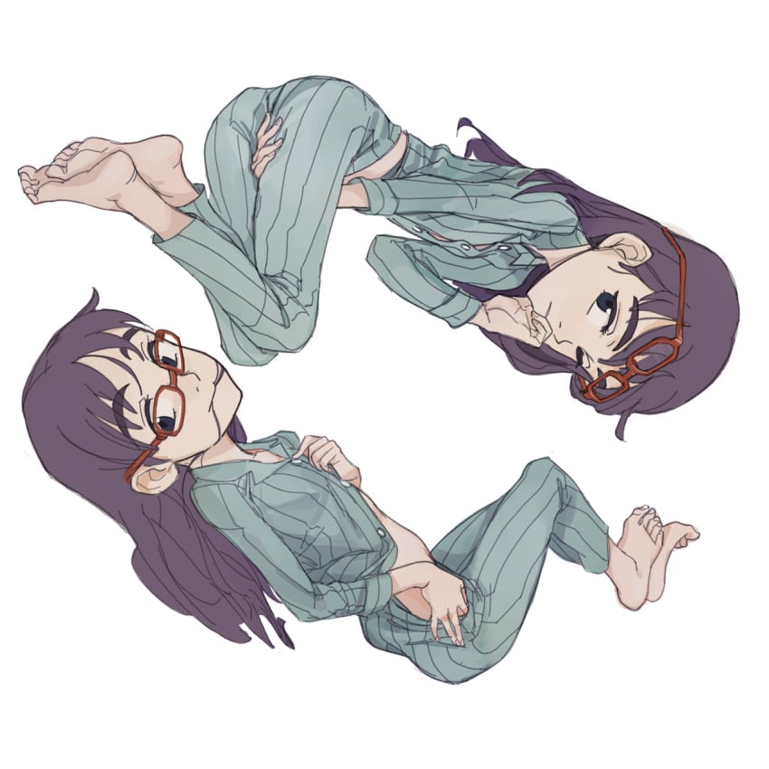 arm_between_legs artist_request bare_belly eri_ninamori feet flcl glasses hair_in_mouth long_hair looking_at_viewer pajama_pants pajamas red_glasses seductive_eyes seductive_look unbuttoning undressing violet_eyes violet_hair white_background