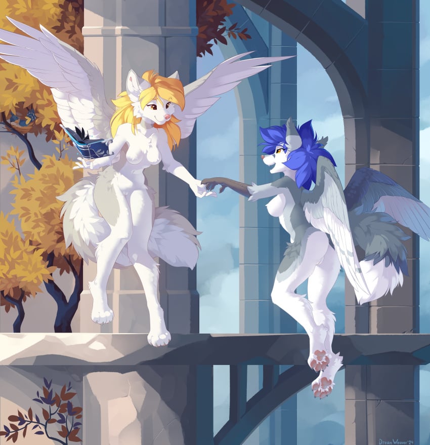 2024 absurd_res anthro architecture autumn_leaves biped blonde_hair blue_hair book breasts canid canine casual_nudity chest_tuft claws countershade_fur countershade_torso countershade_wings countershading day detailed_background digital_media_(artwork) dream_weaver_pony duo enfield eyebrow_through_hair eyebrows eyelashes eyelashes_through_hair feathered_wings feathers female female/female fluffy fluffy_ears fluffy_tail flying fox front_view full-length_portrait fur gabriel_serealia genitals grey_body grey_countershading grey_fur hair hi_res humanoid_genitalia humanoid_pussy hybrid leg_tuft long_hair looking_at_another mammal medium_breasts multicolored_body multicolored_fur nude nude_anthro nude_female open_mouth orange_eyes outside pawpads paws plant portrait pussy signature smile smiling_at_another spread_wings tail talon_hands toe_claws translucent translucent_hair tree tuft white_body white_fur white_sclera white_wings wings