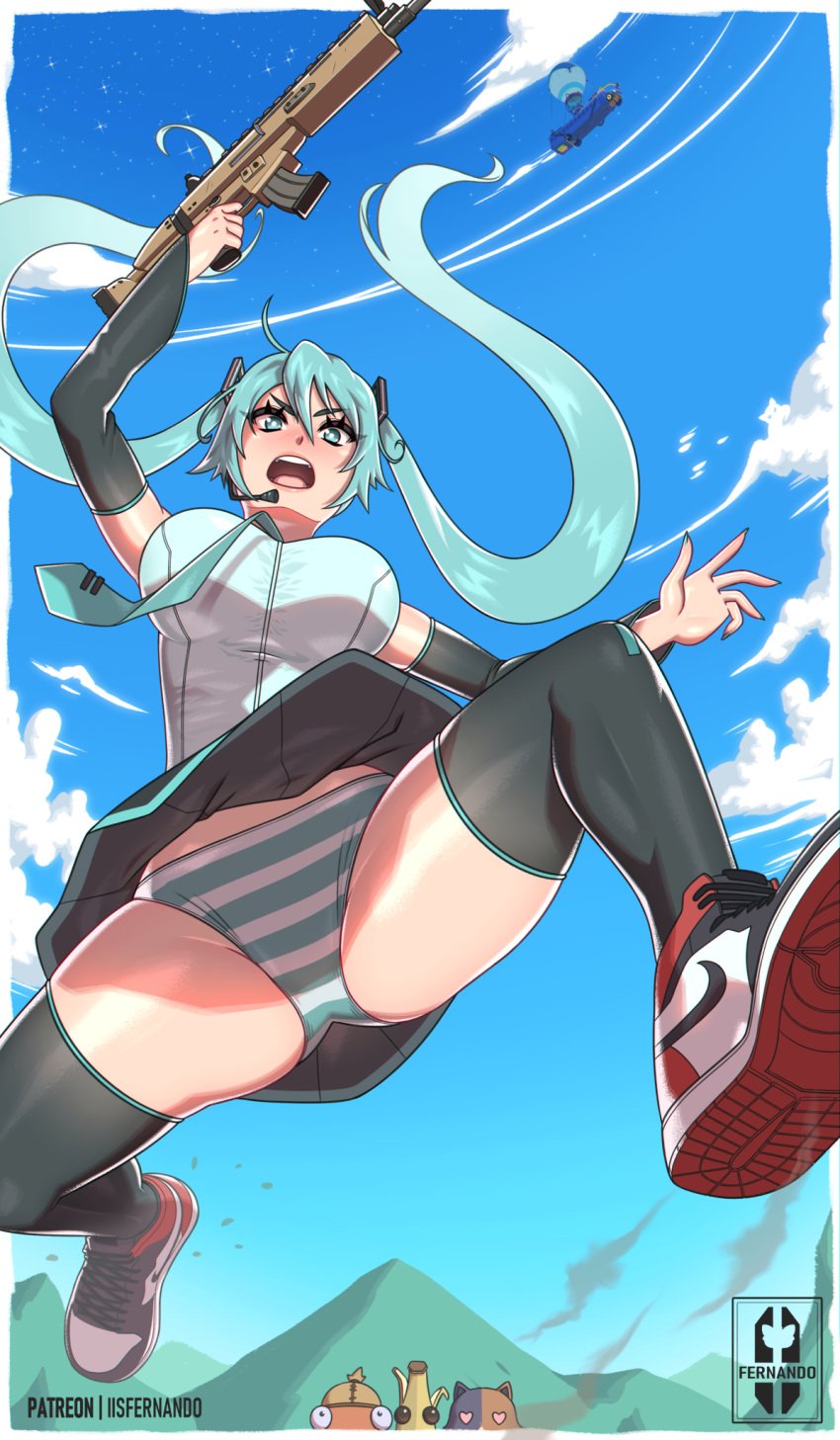 1girls 2d armwear blue_eyes blue_hair blush clothed clothed_female epic_games female female_focus fishstick_(fortnite) fortnite fortnite:_battle_royale hatsune_miku hatsune_miku_(fortnite) iisfernado legwear_only light-skinned_female low-angle_view meowscles_(fortnite) miku outside painted_nails panties peely skirt tagme twintails upskirt vocaloid