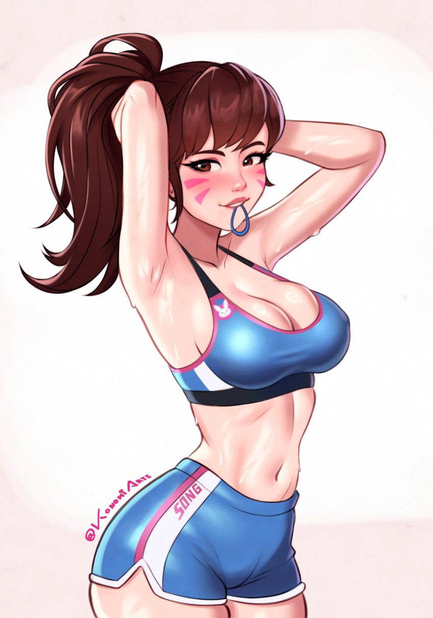 2024 arms_behind_head arms_up blizzard_entertainment blush bra breasts brown_eyes brown_hair cleavage d.va face_markings female female_only hair_tie konomidraw overwatch pink_lips pink_lipstick shorts sports_bra sportswear tied_hair tying_hair white_background