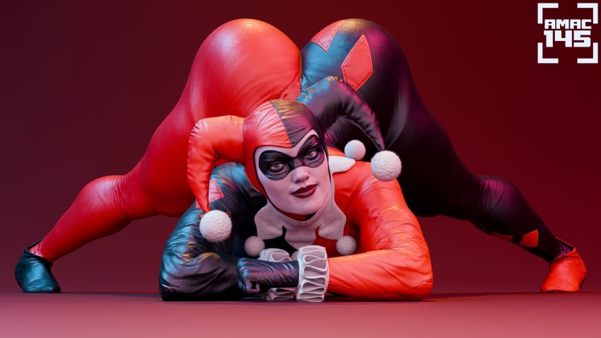 3d 4k absurd_res amac145 ass_focus dc_comics harley_quinn harley_quinn_(injustice) injustice_2 jack-o_pose jester_outfit looking_at_viewer pinup rigid3d self_upload