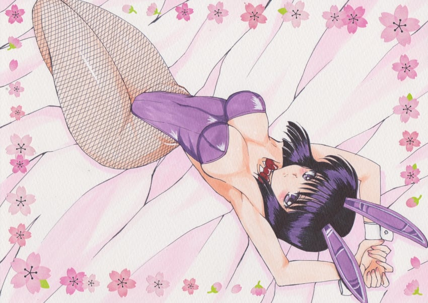 1990s_(style) 2d alluring animal_ears bishoujo_senshi_sailor_moon black_hair detached_collar fake_animal_ears female highres hotaru_tomoe medium_breasts playboy_bunny rabbit_ears rascal_(n119) retro_artstyle sailor_saturn short_hair tomoe_hotaru wrist_cuffs